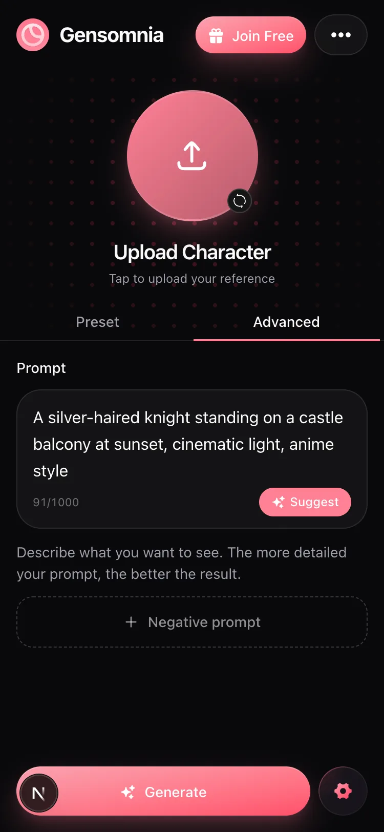 The Advanced tab on mobile: a free-form prompt box with a suggest button and an optional negative prompt