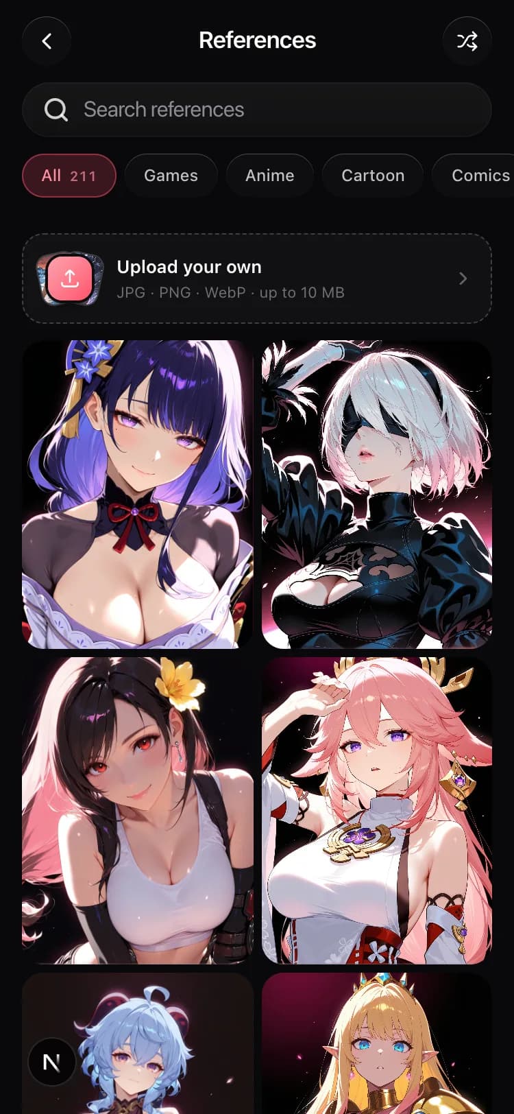 Gensomnia's reference catalog on mobile: over 200 ready-made characters with search, category filters and an upload-your-own tile