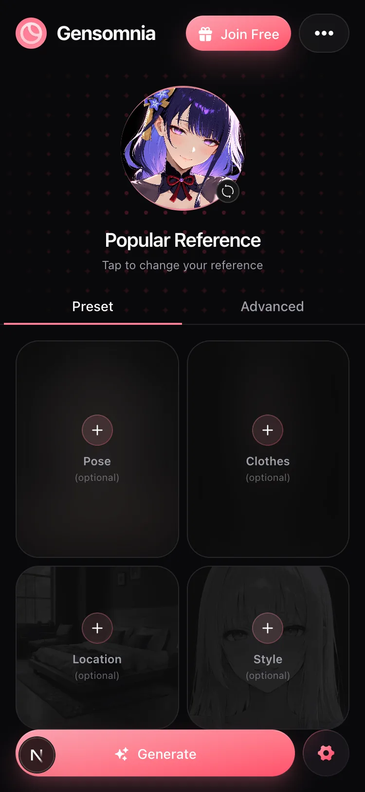The Gensomnia generator on mobile with a chosen character in the reference circle, preset cards below and a generate button