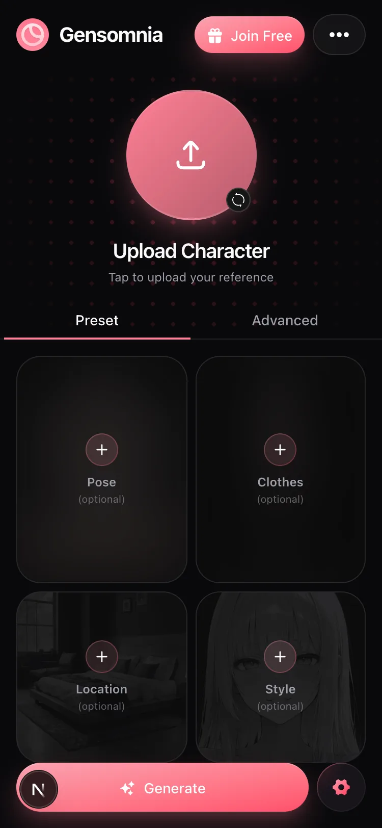 The Gensomnia generator on mobile: upload reference circle, preset cards for pose, clothes, location and style, and a generate button