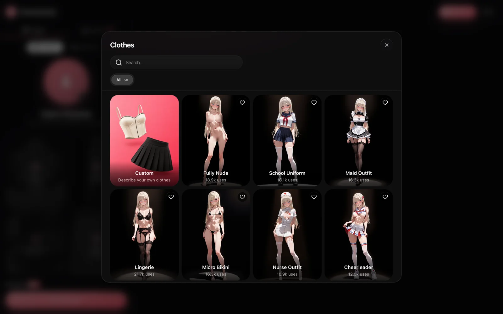 The Gensomnia clothes picker: outfit presets from uniforms to swimwear with usage counts, explicit previews blurred for this public article