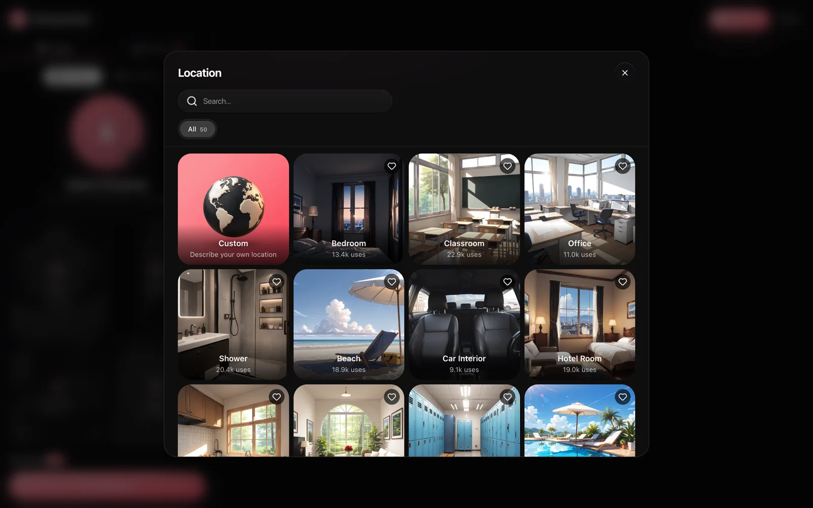 The Gensomnia location picker: built environments including bedroom, classroom, office, shower, beach, car interior and hotel room