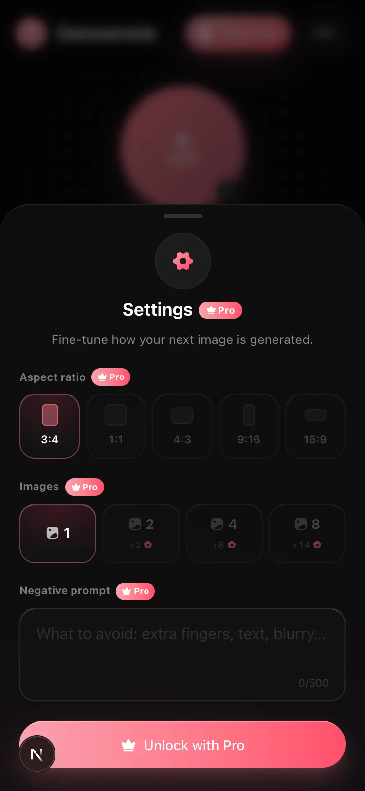 The Gensomnia generator settings panel on mobile: aspect ratio, batch size and negative prompt