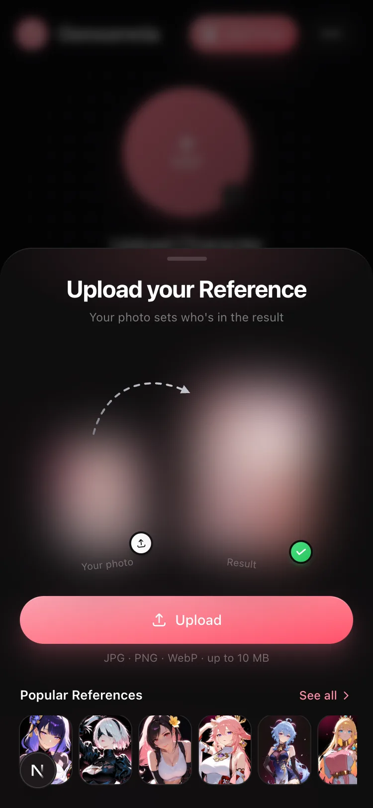 Gensomnia's upload reference dialog on mobile: your photo sets who is in the result, with a popular references row