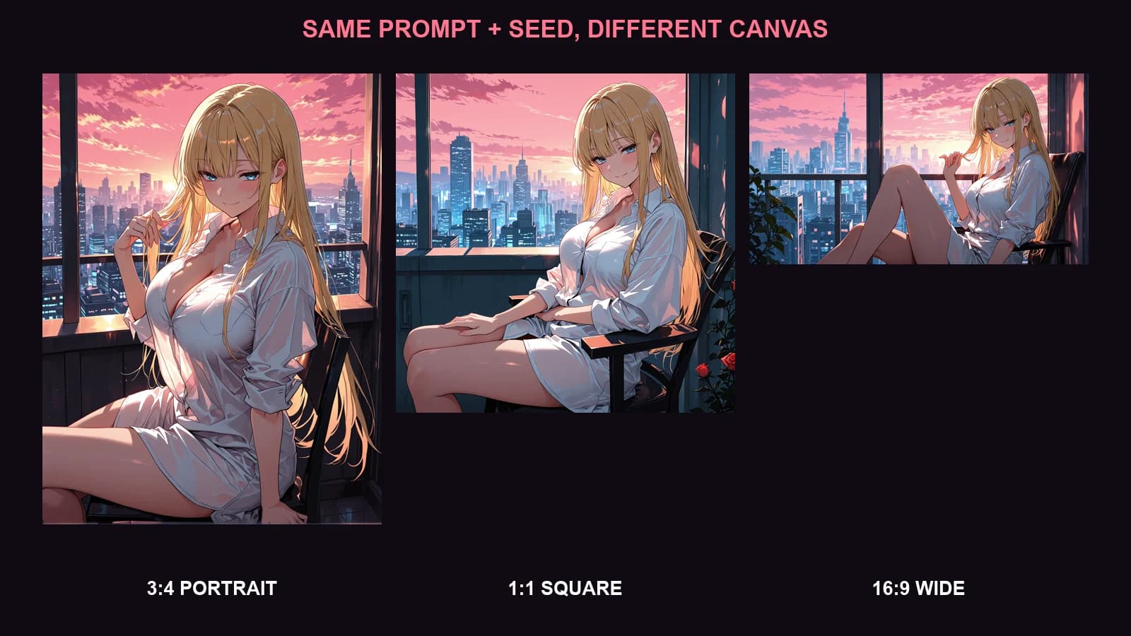 The same character and scene generated at three aspect ratios