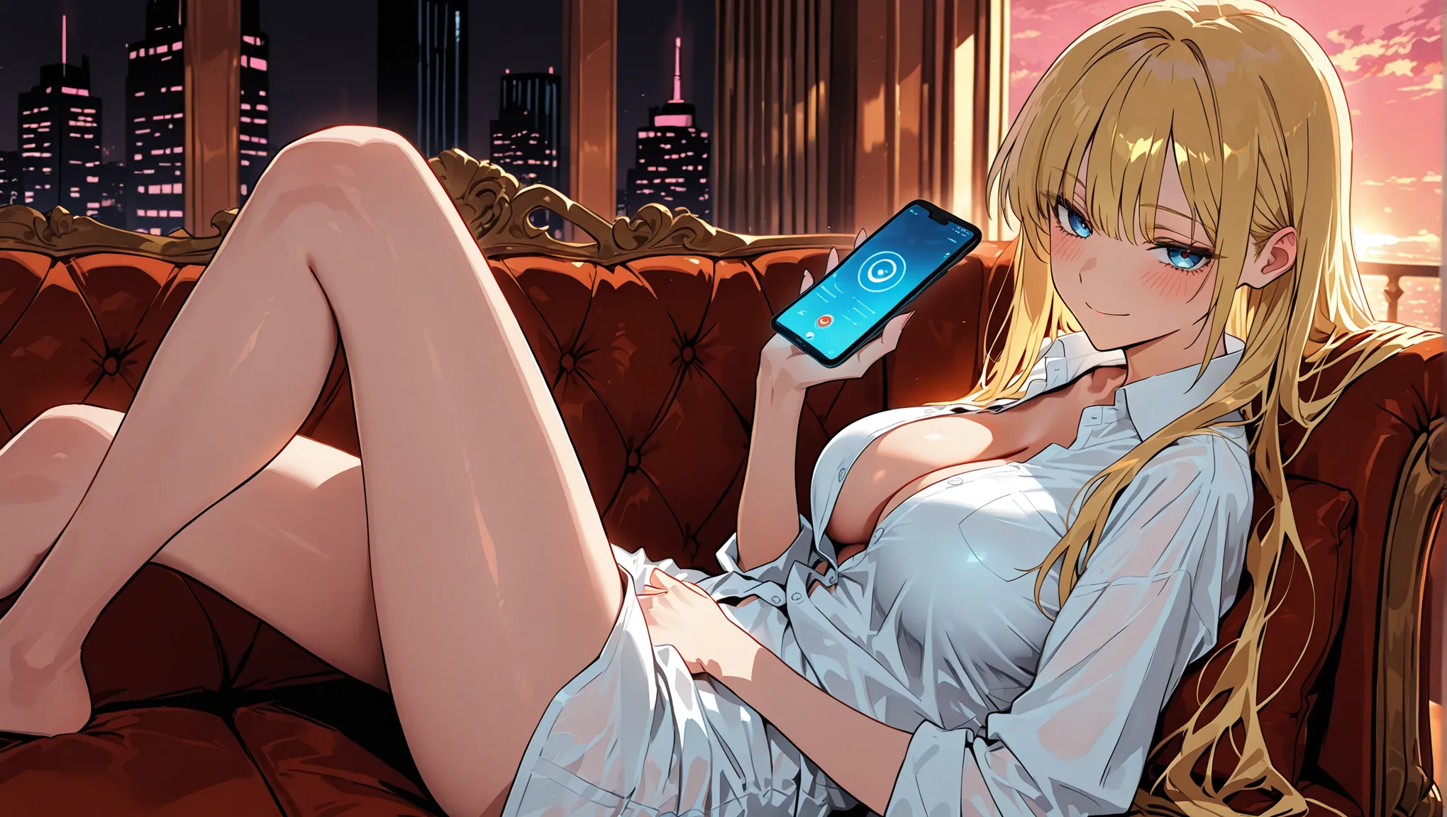 Adult fictional blonde mascot reclining with a glowing phone in a pink penthouse lounge
