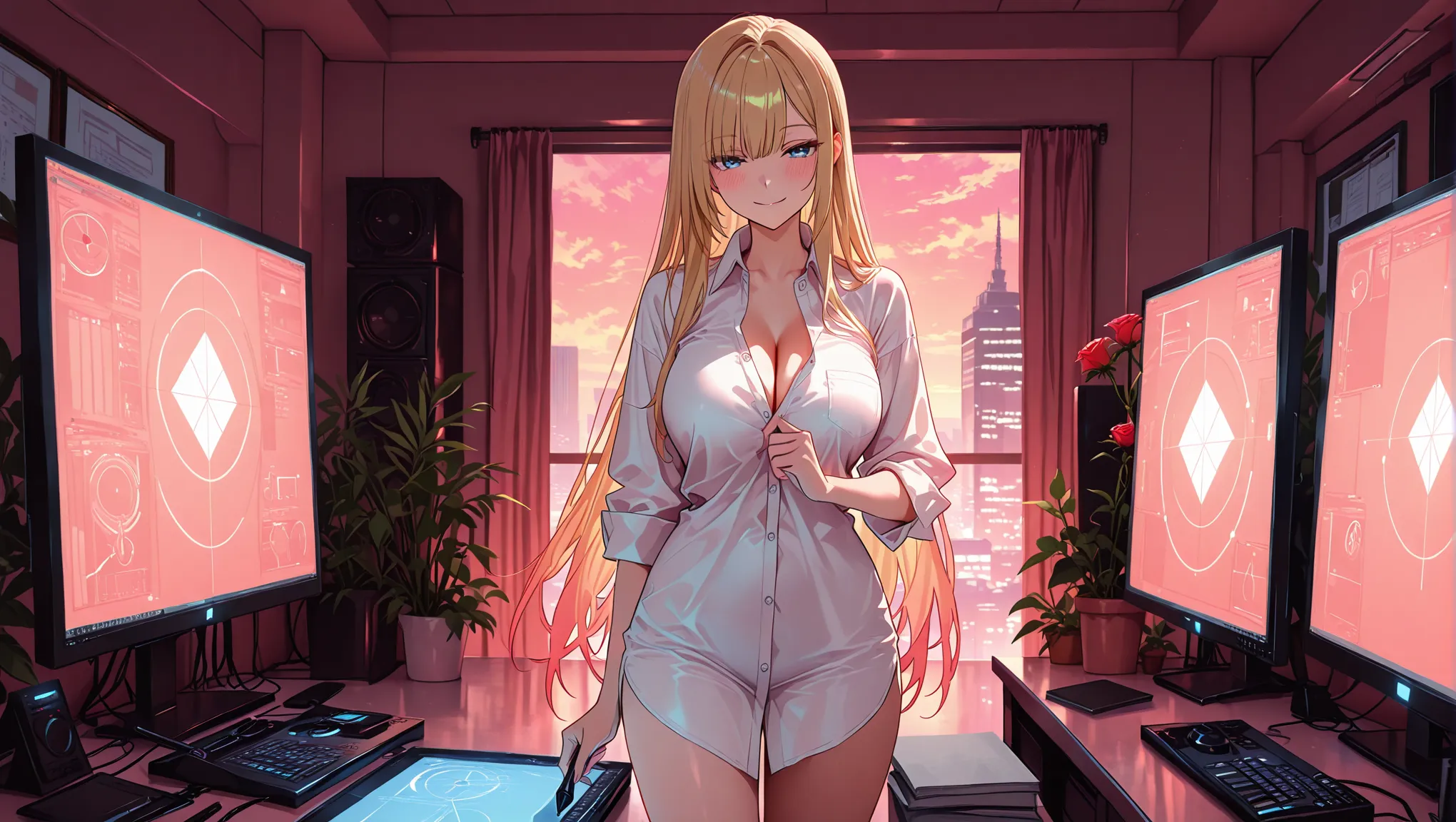 Adult fictional blonde mascot standing at a multi-screen digital editing workstation