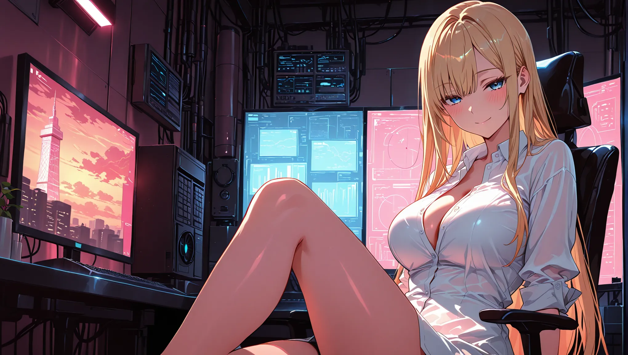Adult fictional blonde mascot seated at a multi-monitor technical image-generation workstation