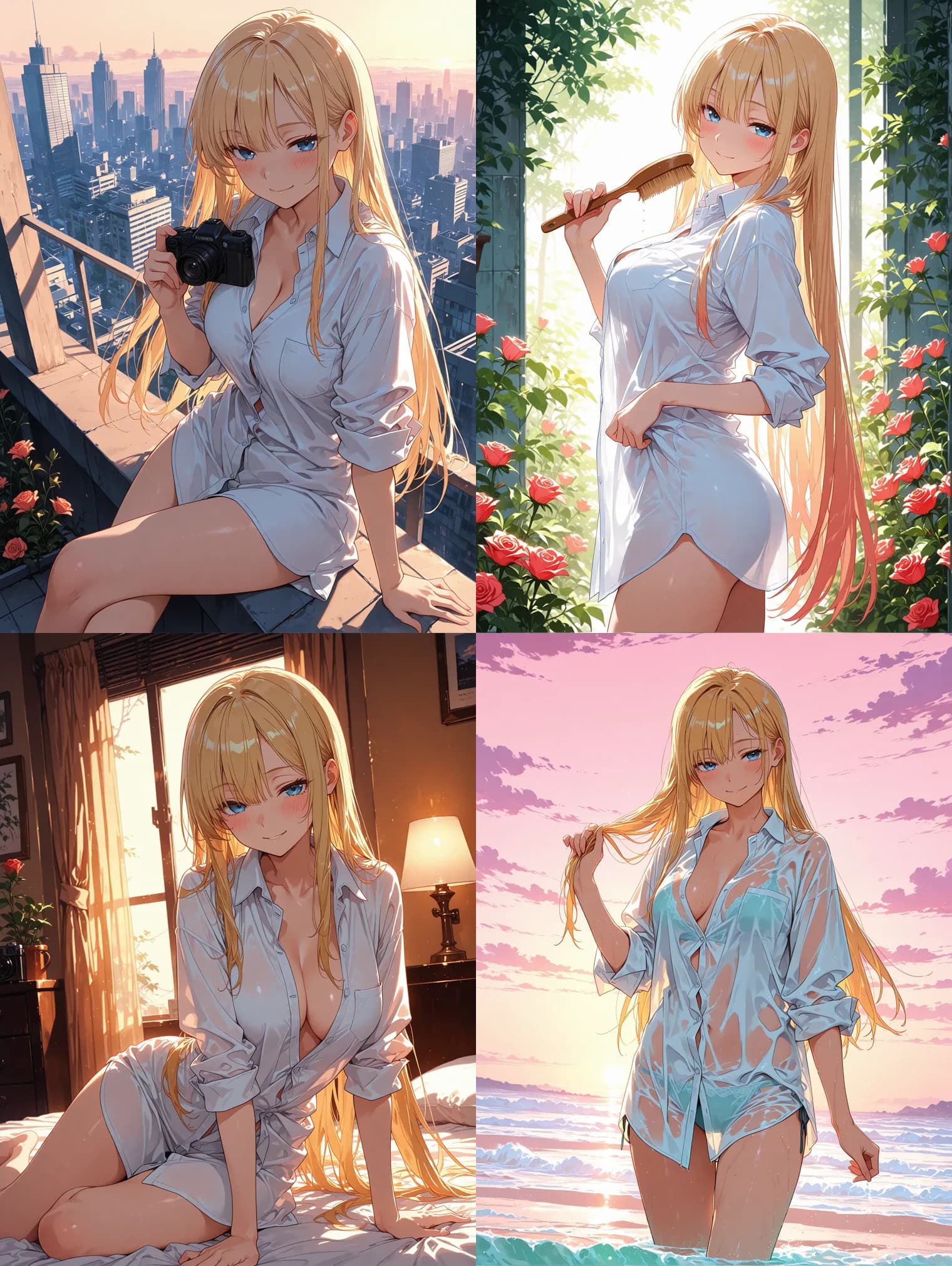 The same character on a rooftop, in a doorway framed by roses, in a lamplit bedroom and on a beach at sunset