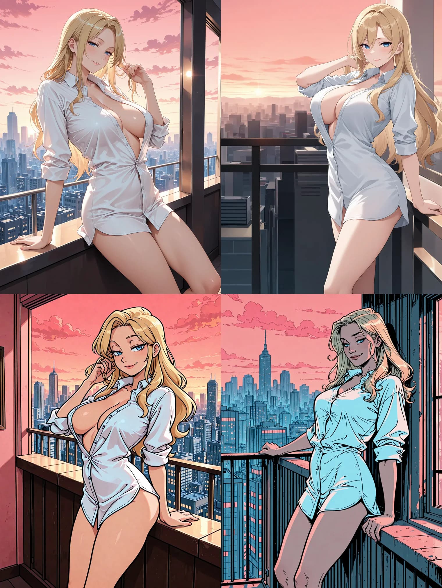 Same adult fictional blonde character rendered in semi-realistic, anime, cartoon, and comics styles
