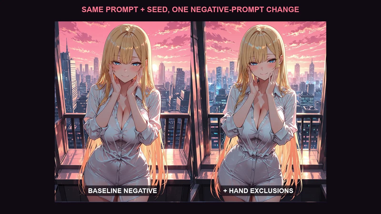 Same prompt and seed generated with a baseline negative prompt and added hand exclusions