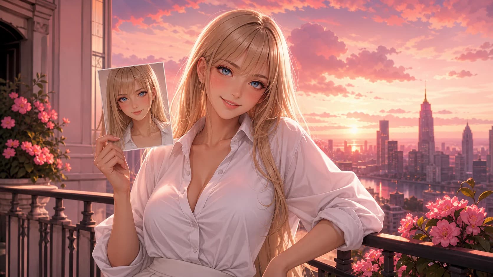 Adult fictional blonde character holding a matching portrait reference on a pink sunset balcony