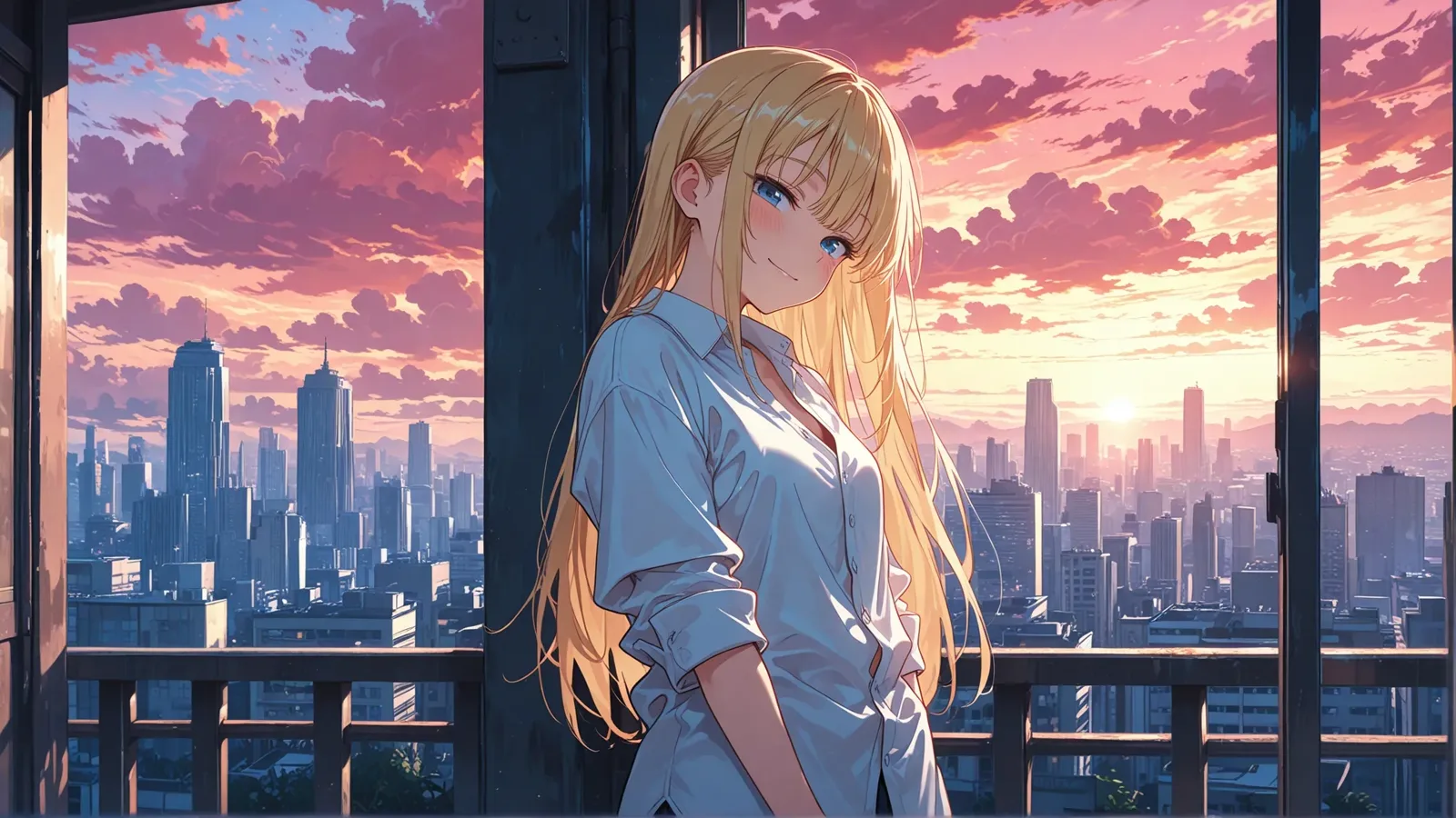 Blonde fictional character in a white shirt on a balcony above a city skyline at pink sunset