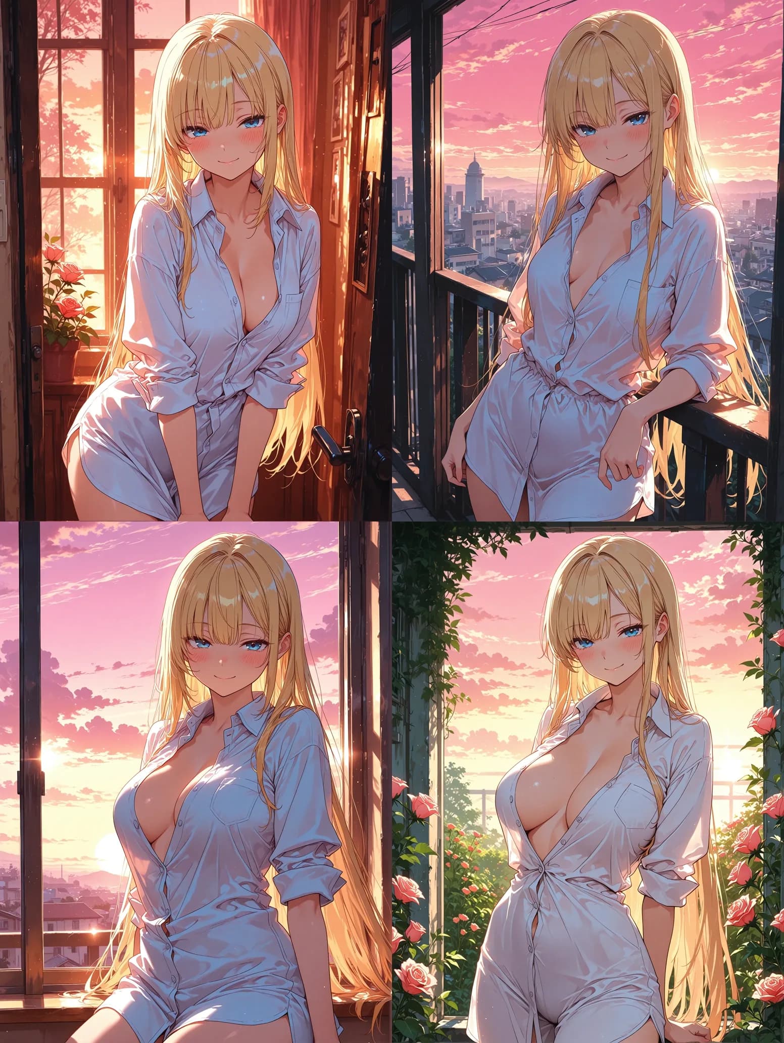 Four image-to-image outputs preserving the same blonde character across scenes