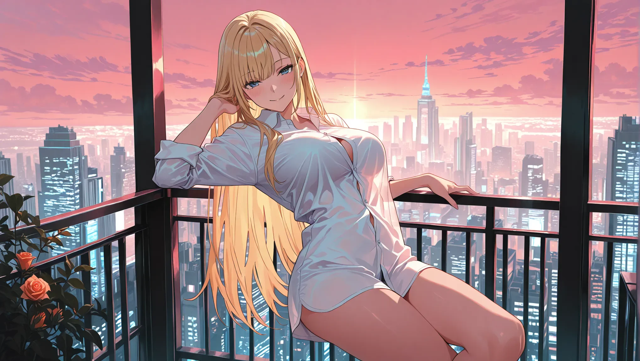 Adult fictional blonde mascot posing against a balcony railing above a city at pink sunset