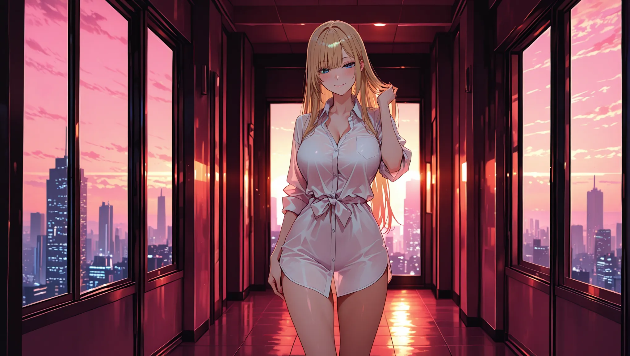 Adult fictional blonde mascot in a glass-walled studio above a city at pink sunset