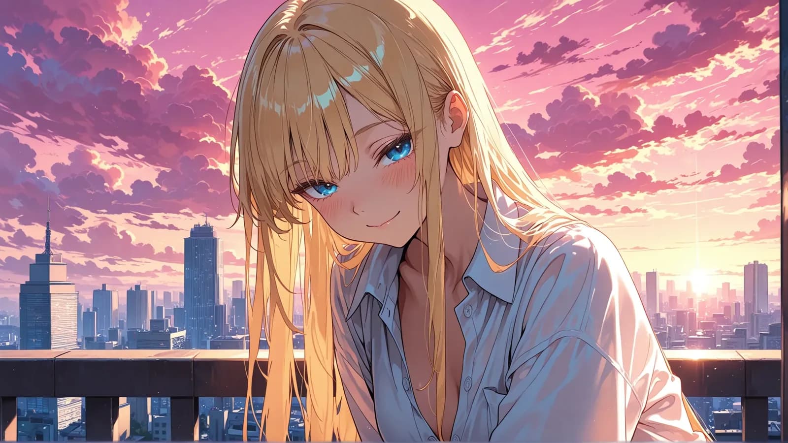 A generated character leaning on a balcony railing with a city skyline at sunset behind her