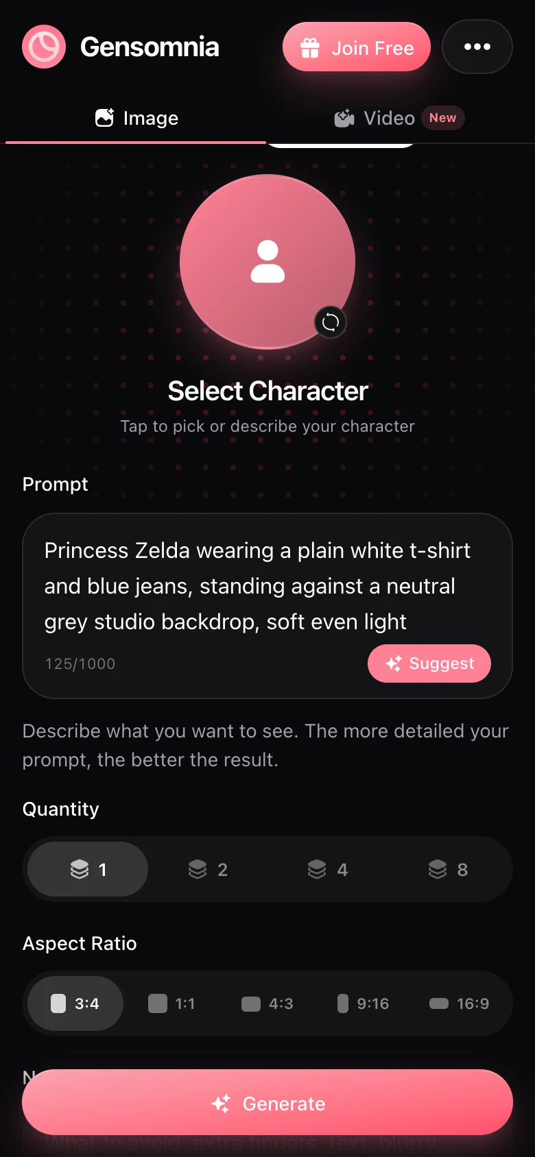 The generator on a phone with the prompt, quantity and aspect ratio controls