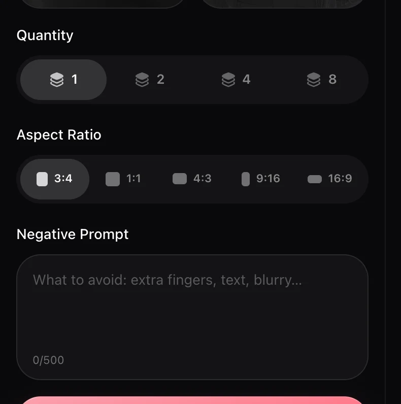 Generation settings showing quantity steps of 1, 2, 4 and 8 next to aspect ratio and negative prompt
