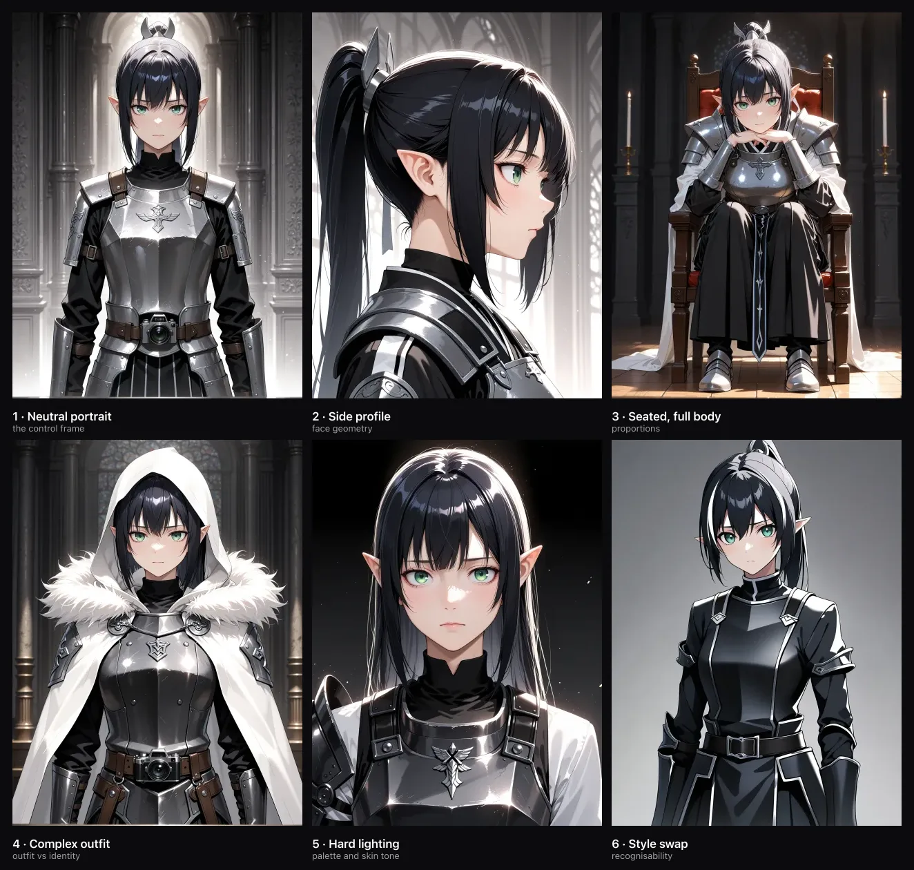 Contact sheet of six benchmark scenes published with their scores