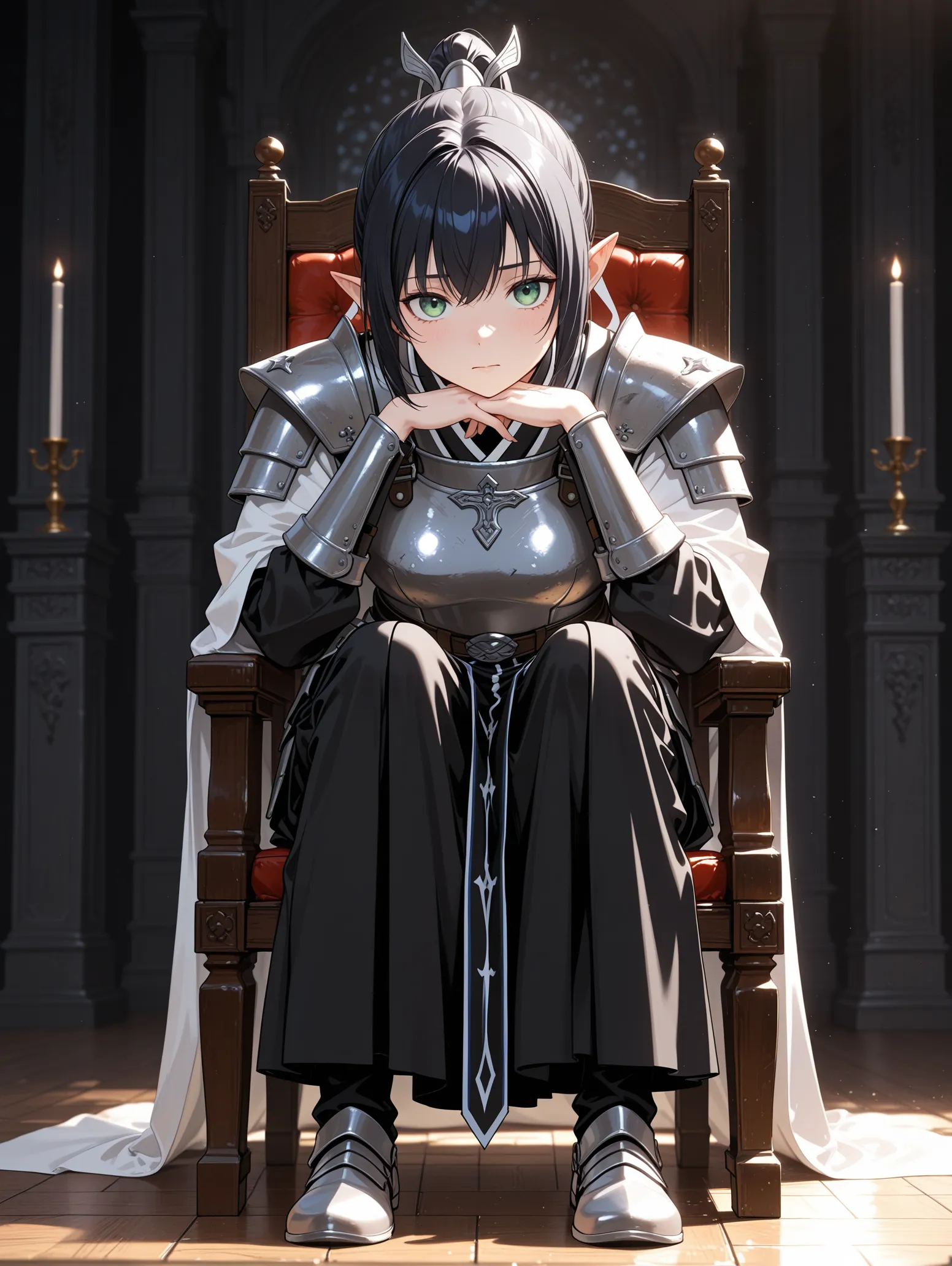The seated full-body benchmark frame with compressed proportions and an unrequested robe