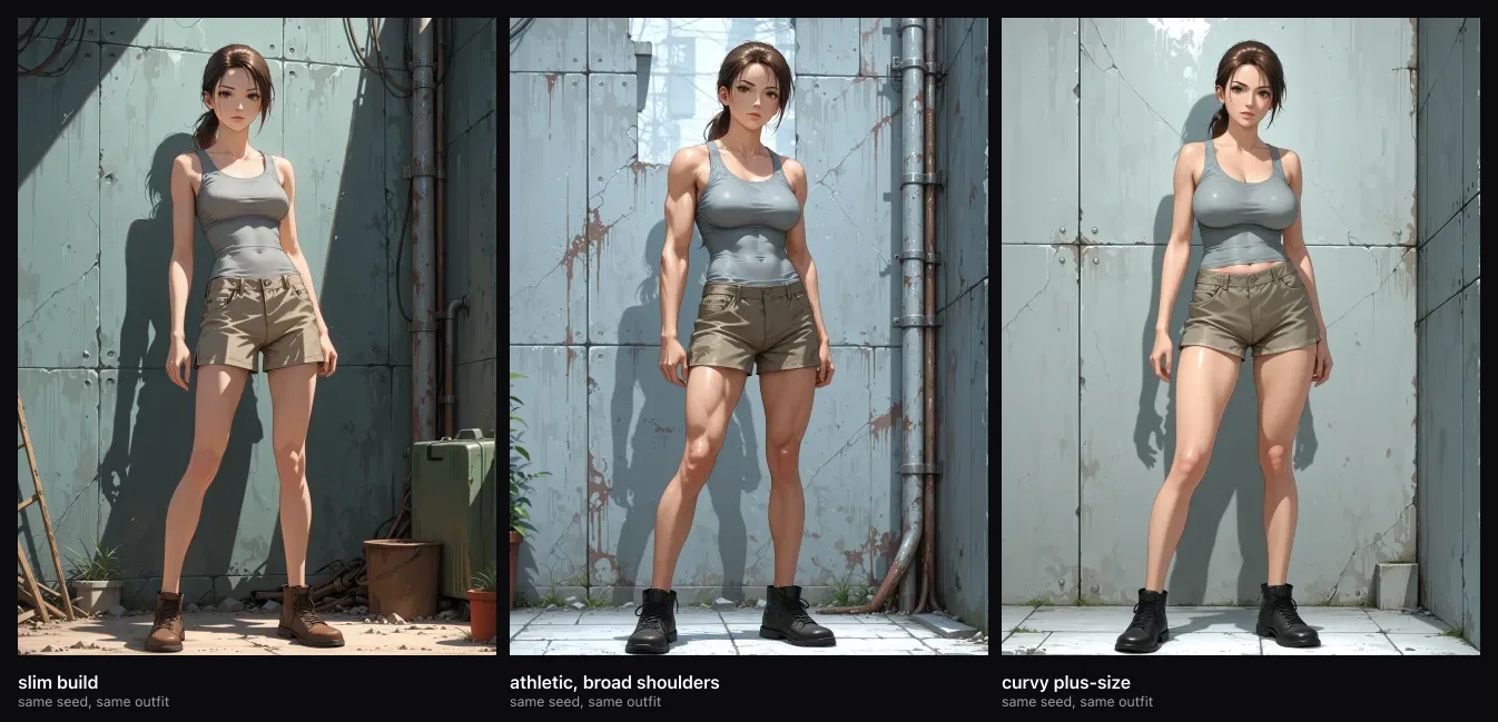 The same character generated with slim, athletic and curvy build descriptions
