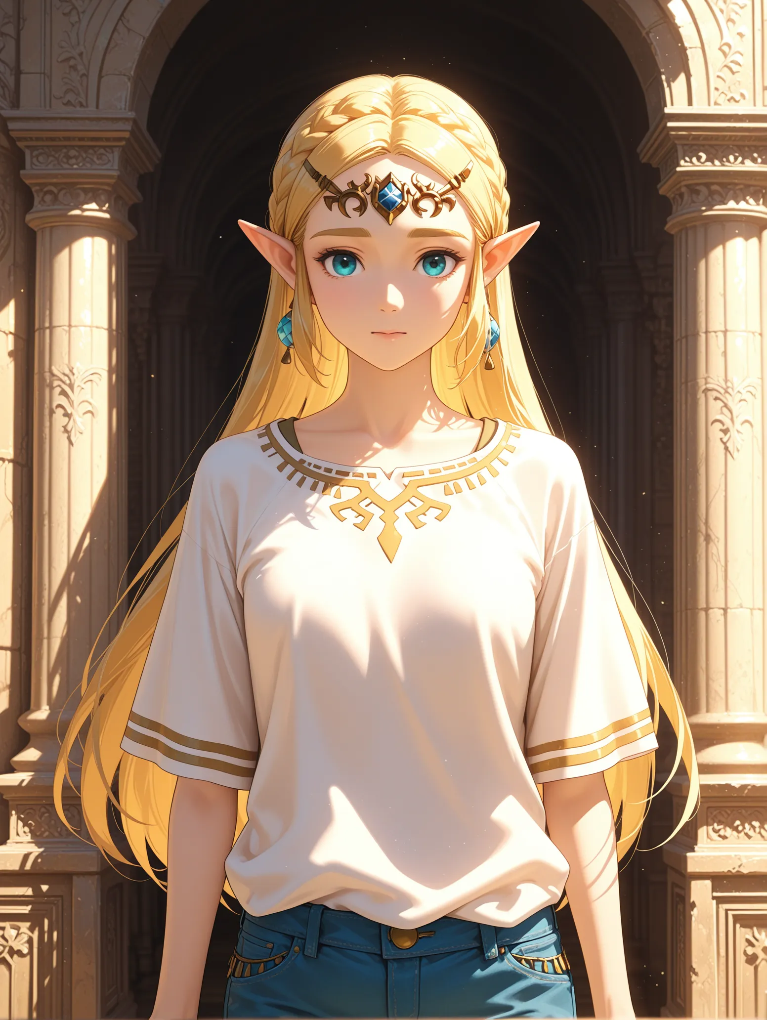Close look at the t-shirt frame showing gold embroidery the prompt did not ask for