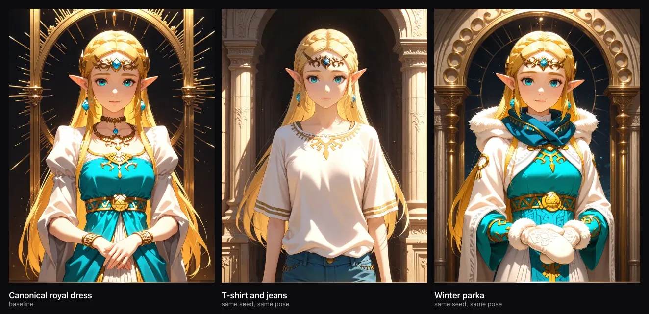 The same character in a royal dress, a white t-shirt and a winter parka, shown side by side
