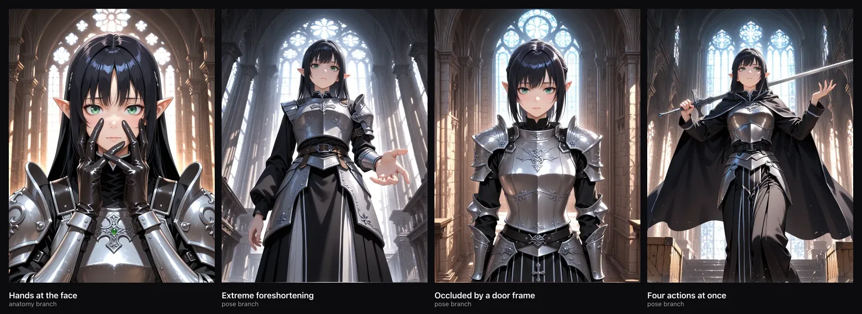 Four generations demonstrating hand artifacts, flattened perspective, a dropped occlusion request and an overloaded pose