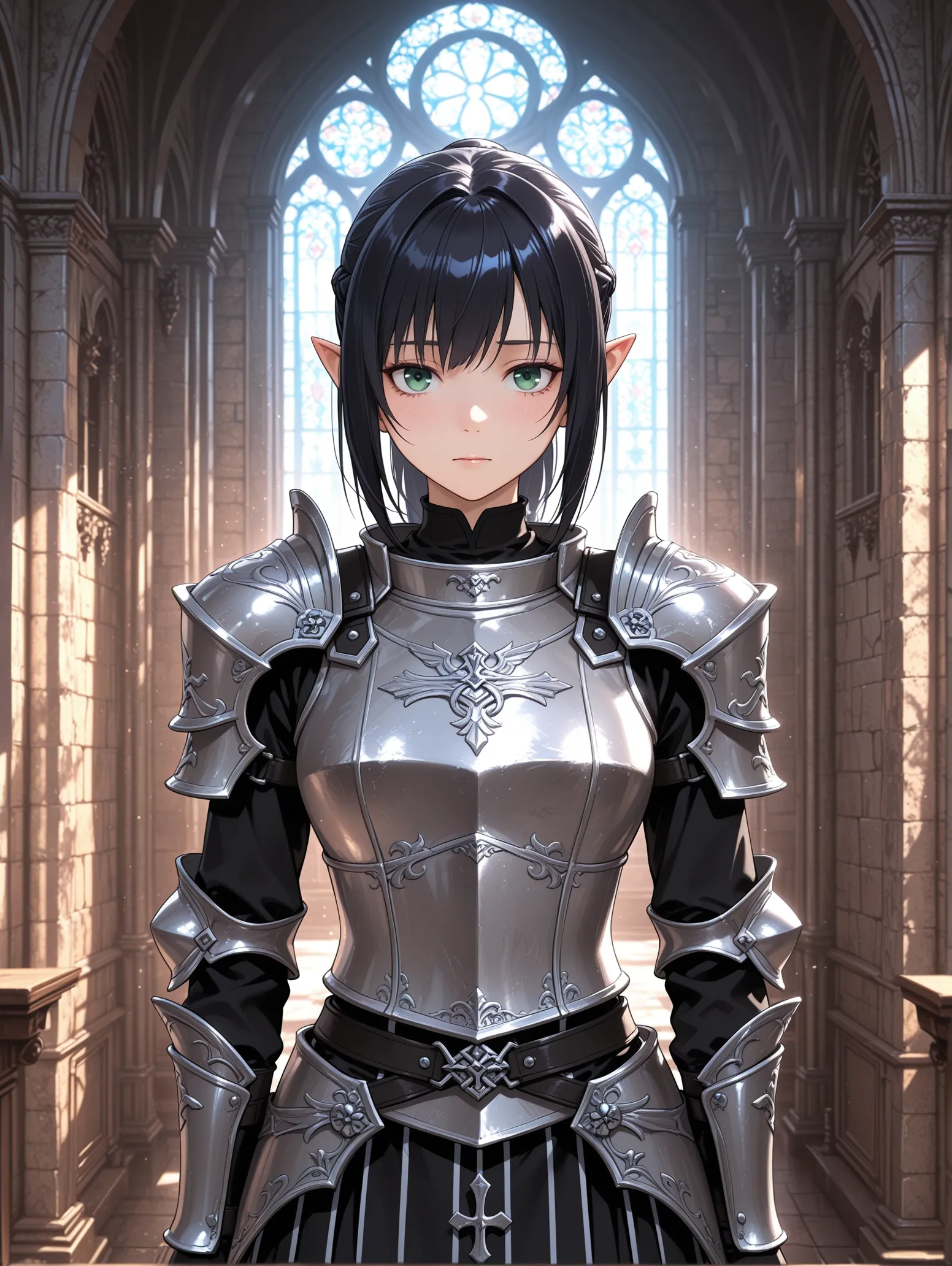 A clean, well-lit generated portrait with no doorway, although the brief asked for one
