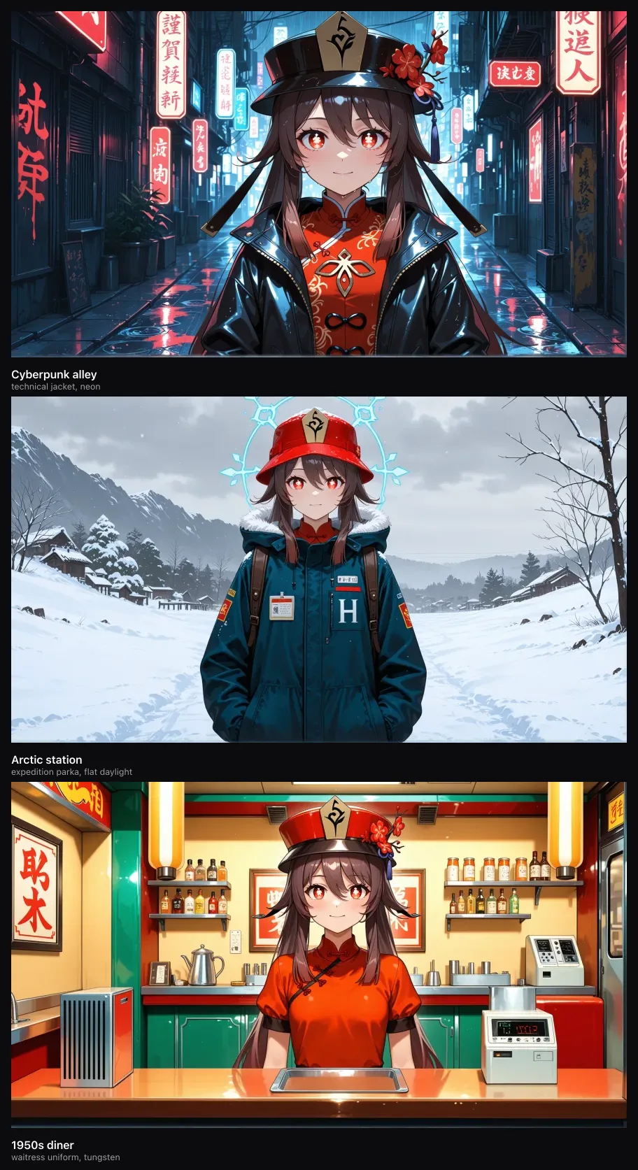 The same character in a cyberpunk alley, an arctic station and a 1950s diner, each keeping traces of her original world