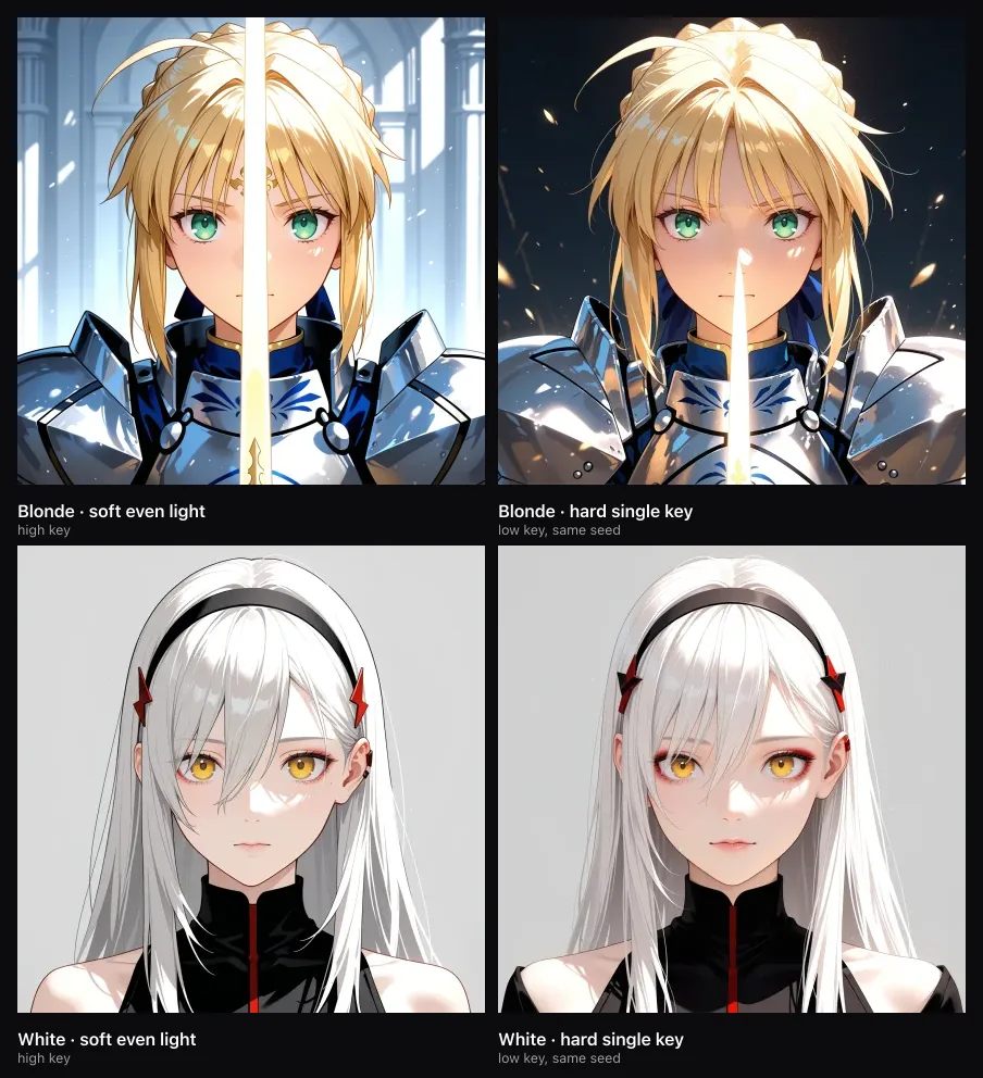A blonde character and a white-haired character each rendered under soft even light and under a single hard key light