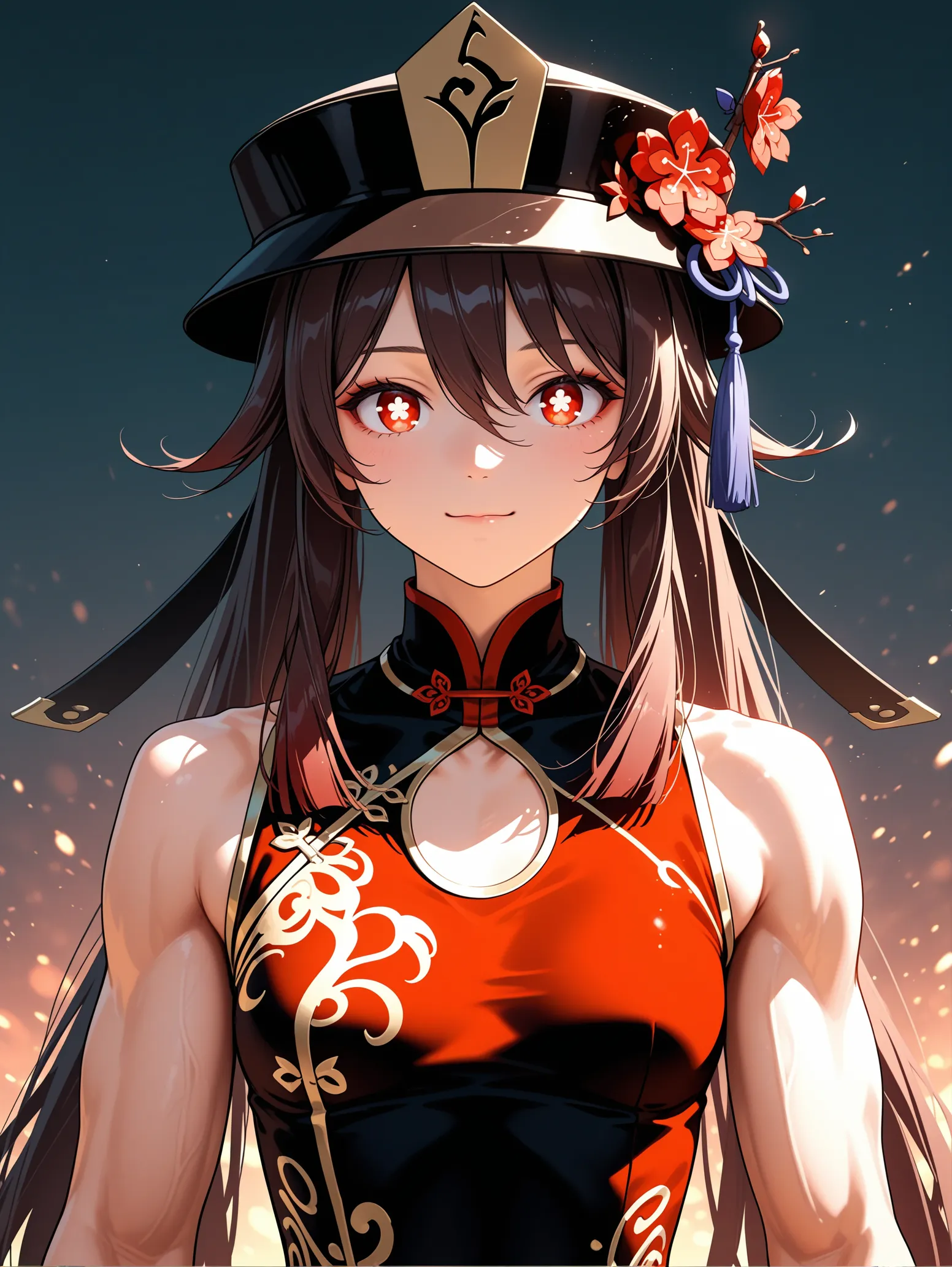 The frame where the build edit applied: broader shoulders, muscular arms, sleeveless outfit